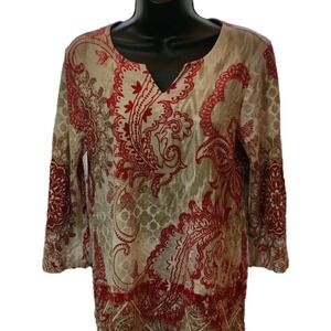 Chicos Size 0 (Small) Tan/Red Paisley 3/4 Sleeve Casual Shirt MODAL BLEND